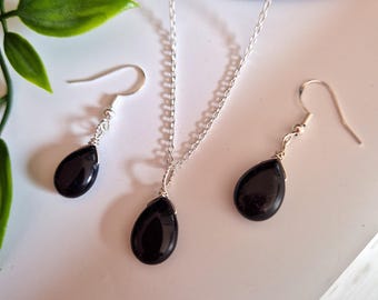 Dainty Black Obsidian Jewelry Set: Sterling Silver Earrings & Silver-Plated Necklace