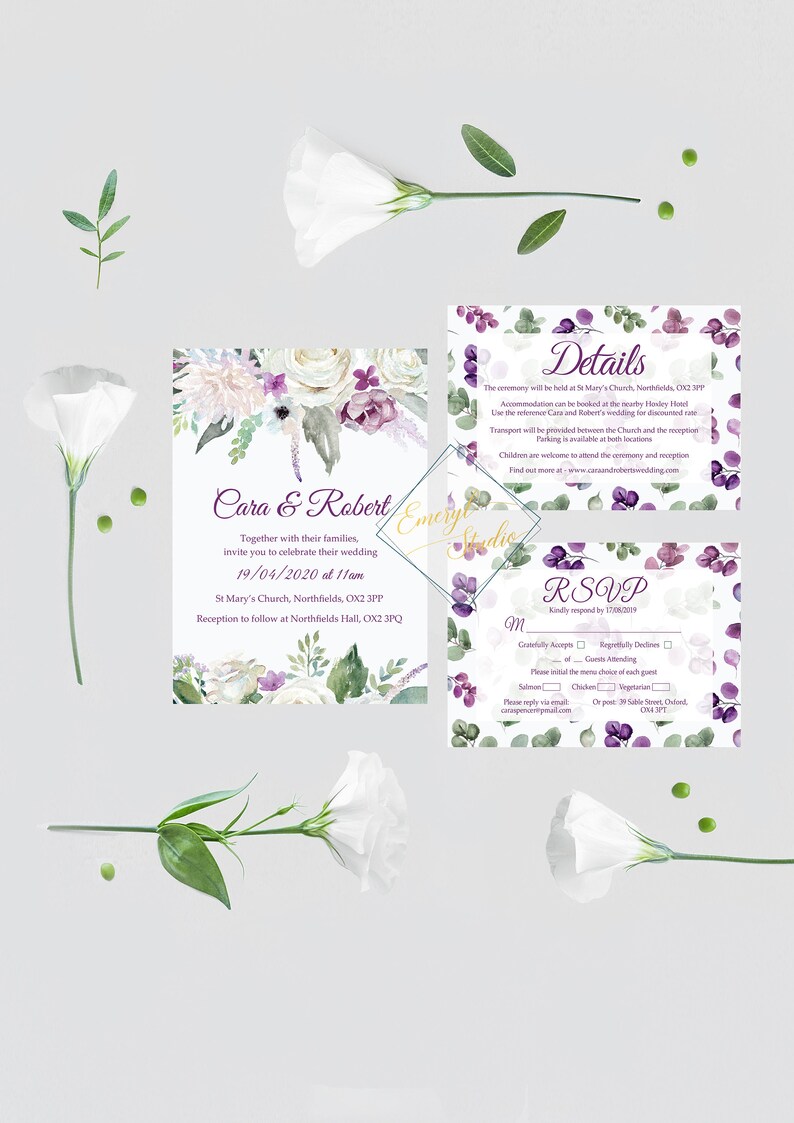 Editable RSVP cards Plum Invitation Set Purple Printable Invitation Plum Wedding Bundle Purple Printable Classic Wedding Printable Set