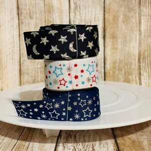 7/8&quot; Silver star grosgrain ribbon,silver stars ribbon,ribbon,grosgrain ribbon,silver,star ribbon,stars,foiled ribbon,bows,star hair bow,star