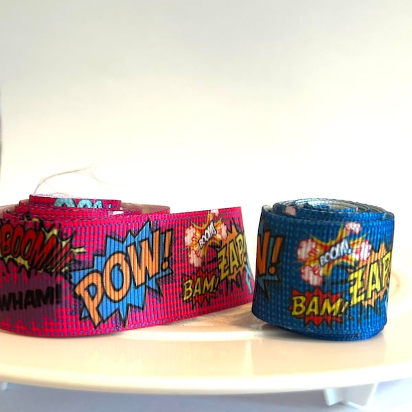 1" comic book grosgrain ribbon,comic book ribbon,comic ribbon,ribbon,hair bow ribbon,pow ribbon,bang ribbon,superhero ribbon,superhero bow