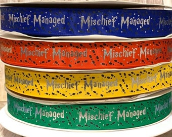 7/8&quot; foiled mischief managed grosgrain ribbon,grosgrain ribbon,ribbon,wizard theme,marauders map,character ribbon,nerd tree,nerd ribbon,ron