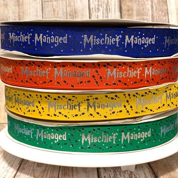 7/8" foiled mischief managed grosgrain ribbon,grosgrain ribbon,ribbon,wizard theme,marauders map,character ribbon,nerd tree,nerd ribbon,ron