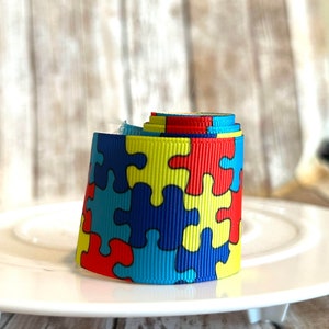 1.5&quot; Autism grosgrain ribbon,ribbon,hair bow ribbon,autism ribbon,autism awareness ribbon,autism awareness,puzzle piece ribbon,autism walk