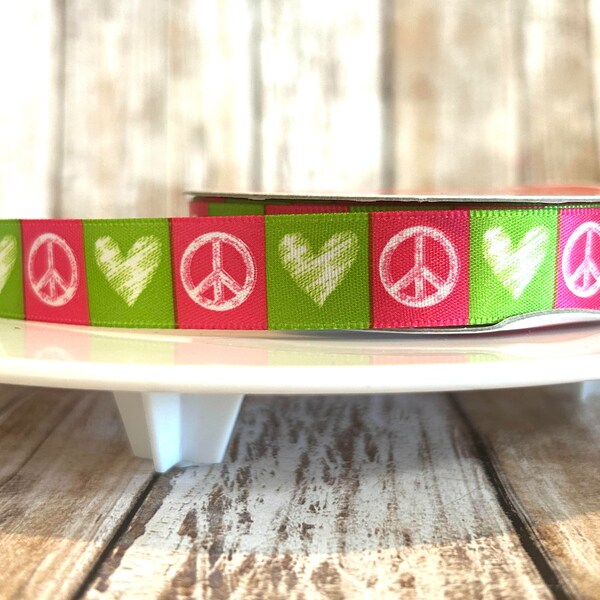 5/8" Heart satin ribbon,peace ribbon,hippie ribbon,ribbon,ribbon by the yard,satin ribbon,peace hair bow,hair bow ribbon, hippie costume,bow