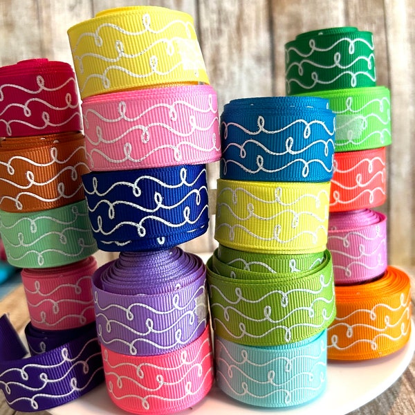 7/8" Squiggly line ribbon,white ribbon,ribbon,pink ribbon,hair bow ribbon,usdr,glittered ribbon,ribbon by the yard,yellow ribbon,blue ribbon