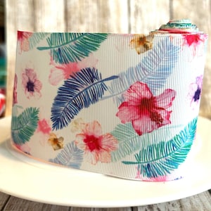 3&quot; floral grosgrain ribbon,grosgrain ribbon,flower ribbon,palm tree ribbon,ribbon,spring ribbon,summer ribbon,Pink ribbon,hawaiian ribbon