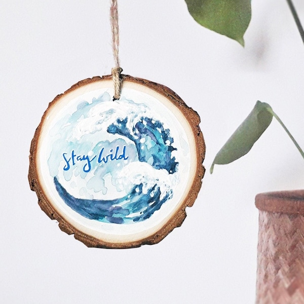 Stay Wild Wooden Slice Ornament, Personalised Seaside Beach Keepsake, Sea Swimmer Gift for Him & Her, Hand Painted Ocean Wall Hanging