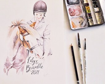 Horse and Rider Portrait | Watercolour horse portrait with rider | Horse riding portrait | Equestrian art | Equestrian portraits