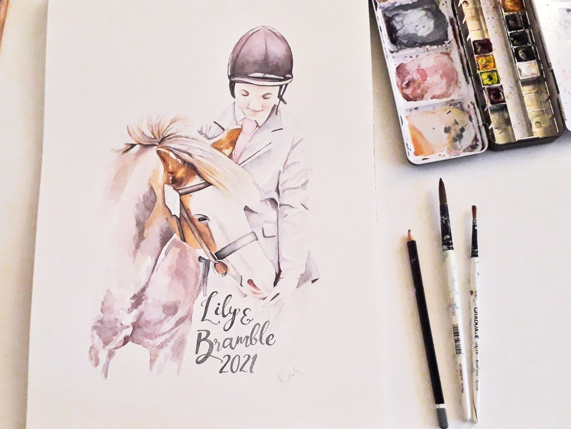 Horse and Rider Portrait | Watercolour Horse Portrait With Rider ...