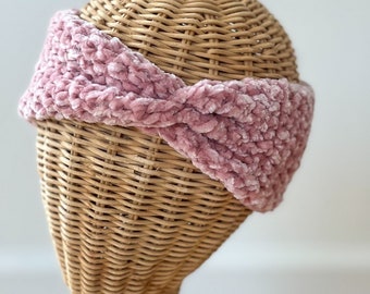 Velvet pink crocheted ear warmer