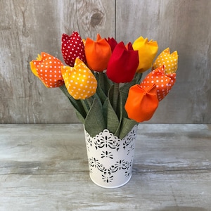 Moederdag bloemen, tulpen in houder (12 pcs.), Stoffen bloemen, Stof boeket, Katoen tulpen, Cadeau voor moeder en vrienden