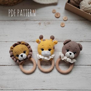 Pacchetto di modelli PDF per sonaglio all'uncinetto con animali da safari / Leone all'uncinetto, Orso all'uncinetto, Giraffa all'uncinetto, Sonaglio Leone, Orso e Giraffa / Sonaglio per neonati all'uncinetto