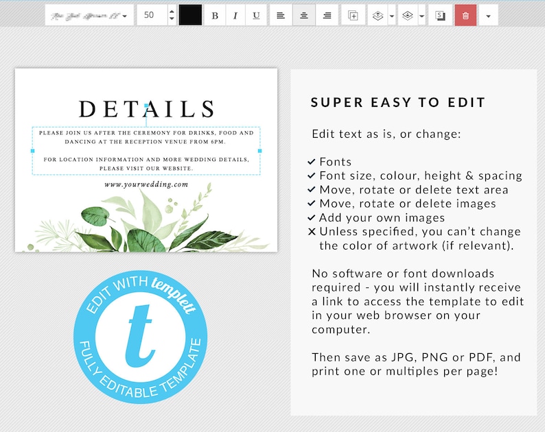 Printable wedding Wedding insert card Invite details card Greenery wedding details template Details card wedding DIY details printable