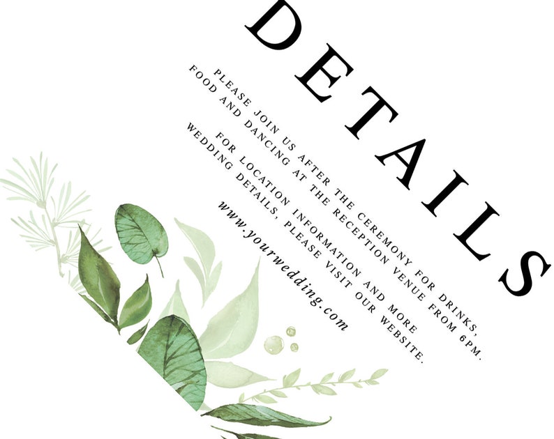 Printable wedding Wedding insert card Invite details card Greenery wedding details template Details card wedding DIY details printable