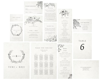Complete wedding suite, Wedding set templates, Botanical line art wedding, Floral wedding kit, Wedding printables, Wedding invitation kit