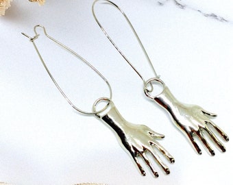 Hand Earrings Frida Inspired Gold Silver Mexican Jewelry Aretes de Mano Folk Art Handmade Hoop Drop Unique Gift Valentine&#39;s Day Mother&#39;s Day