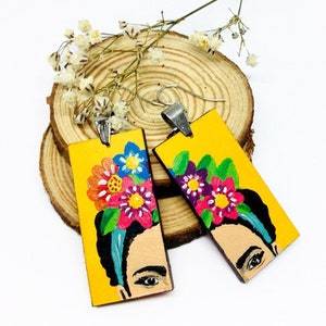 Frida Earrings, Floral Yellow Frida Earrings, Hand Painted Wooden Frida Earrings, Frida Inspired, Wearable Art, Mexican Jewelry, Frida Fans