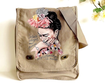 Charming Frida Inspired Bag Shoulder & Crossbody Messenger Bag Canvas Khaki Color Women and Girls Floral Fashion Mexico Artist Icon Portrait