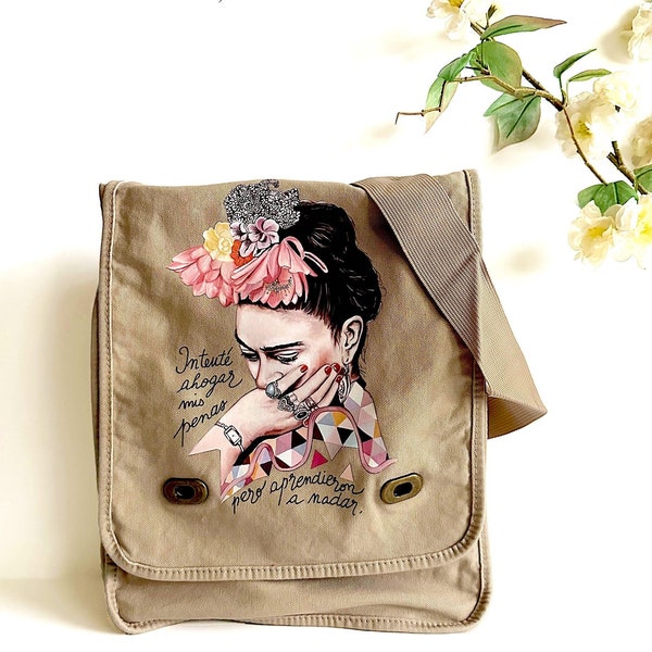Encantador bolso inspirado en Frida Bolso bandolera y bandolera Lona Color caqui Mujeres y niñas Moda floral México Artista Icono Retrato