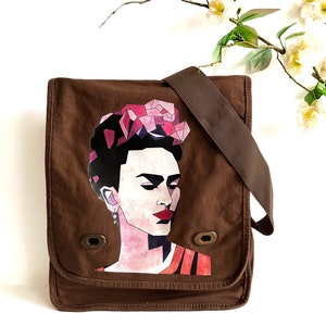 Frida Inspired Bag Crossbody - Shoulder - Messenger Bag Brown Java Color Soft Cotton Canvas Urban Fashion City Girls Cute Birthday Gift Idea