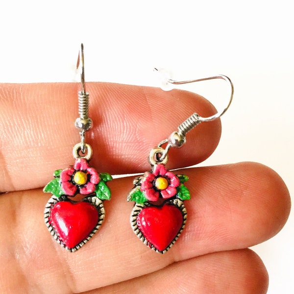 Lovely Boho Heart Earrings Hand Painted Flowered Hearts Silver Earrings Frida inspired Jewelry Girls Cute Birthday Gift Idea Aretes Corazon