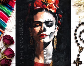 Frida Inspired Fine Art Paper Print Wall Art Mexican Day of the Dead Tribute Mexico Iconic Half-Painted Catrina Skull Dia de Muertos Arte