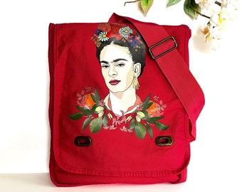 Bohemian Frida Bag Shoulder Crossbody Poppy Red Canvas Messenger FieldBag Women Girls FridaFans Floral Fashion Casual Mexico Artist Portrait