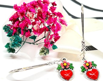 Sparkling Rhinestone Heart Earrings Frida Inspired HandPainted Red Heart Mexico Silver Tone Drop and Dangle Mini Corazon Aretes Gift for Her