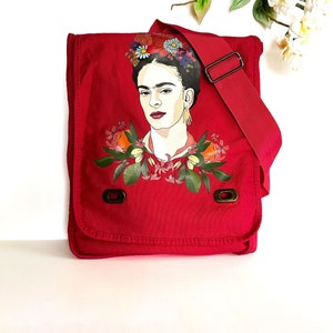 Boho Frida Tasche Schulter Crossbody Poppy Rot Canvas Messenger FieldBag Damen Mädchen FridaFans Floral Mode Casual Mexiko Künstler Porträt