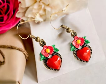 Bronze Vintage Mini Heart Earrings Drop Dangle HandPainted Heart Earrings Sweet Sixteen Girl Gift Idea Frida Jewelry Inspired Aretes Corazon