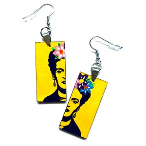 Frida Earrings Yellow Frida Earrings Hand Painted Dangle Frida Earrings Mexican Jewelry Frida Inspired Jewelry Wearable Art Frida Fans Gift