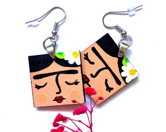 Frida Earrings, Hand Painted Wooden Frida Earrings, Frida Jewelry, Wearable Art, Aretes Pintados a Mano, Frida Inspired, Girl Frida Earrings
