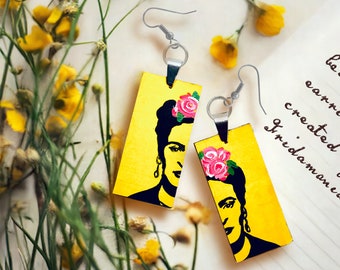 Eye Catching Frida Earrings Painted by Hand Wooden Stencil Art with Pink Roses Asymmetric Mexican Jewelry Gorgeous Girls Women Gift for Her