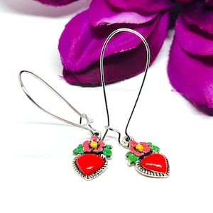 Silver Plated Long Kidney Ear Wires Heart Earrings HandPainted Vintage Style Flowered Hearts Cute Original Girl Woman Gift for Her Christmas