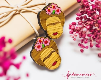 Frida Earrings Hand Painted Bamboo Stud Frida Earrings Mexican Jewelry Frida Inspired Earrings Latin American Wearable Art Frida-Fans Gift