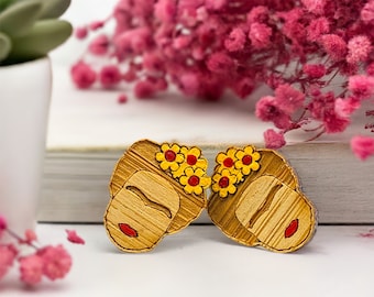 Frida Earrings Bamboo Wooden Hand Painted Frida Earrings Girl Mexican Jewelry Frida Inspired Jewelry Wearable Art Frida-Fans Birthday Gift