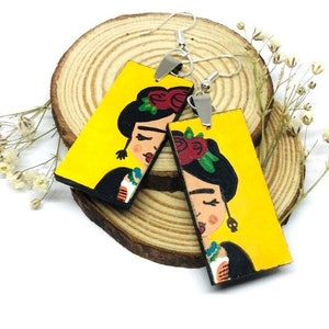 Frida Earrings Artisan Designed Frida Earrings Yellow HandPainted Wooden Frida-Earrings Girl Wearable Art Mexican Jewelry Frida-Inspired Art