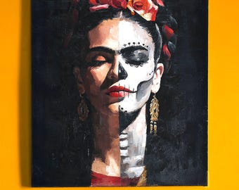 Op Frida geïnspireerde kunst aan de muur: raadselachtige boho Mexicaanse Day-of-the-Dead iconische Catrina-schedel