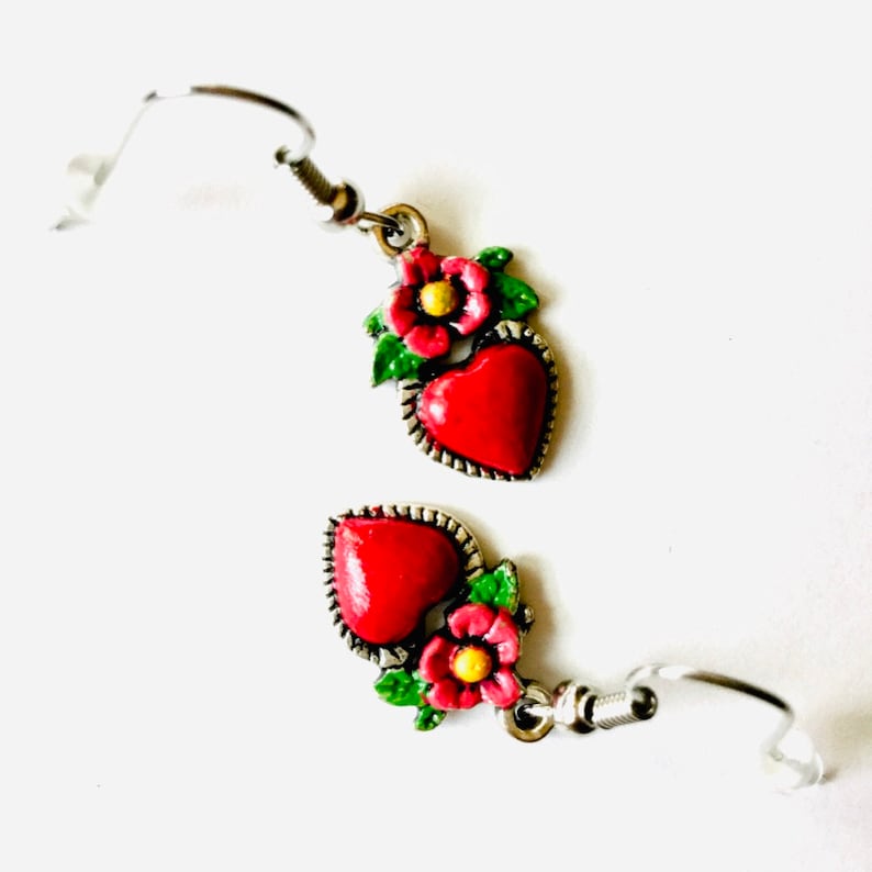 Frida Earrings, Heart Earrings, Hand Painted Heart Earrings, Silver HandPainted Heart Earrings, Mexican Jewelry, Corazon Aretes, Heart Charm image 5
