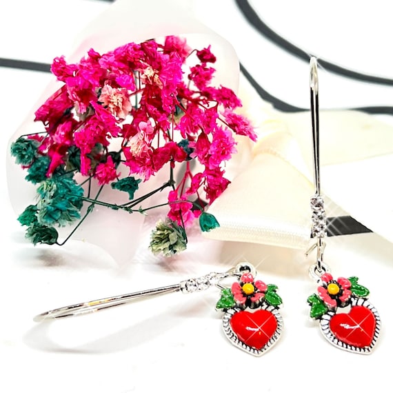 Sparkling Rhinestone Heart Earrings Frida Inspired HandPainted Red Heart Mexico Silver Tone Drop and Dangle Mini Corazon Aretes Gift for Her