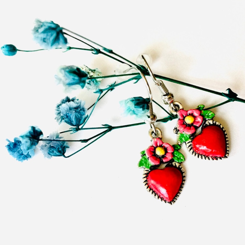 Frida Earrings, Heart Earrings, Hand Painted Heart Earrings, Silver HandPainted Heart Earrings, Mexican Jewelry, Corazon Aretes, Heart Charm image 2