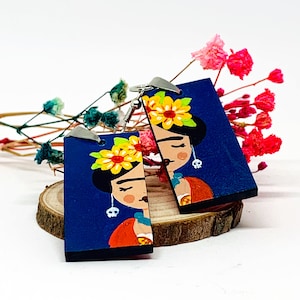 Frida Earrings Hand Painted Wooden Frida Earrings Women Mexican Inspired Frida Jewelry Wearable Art Frida Fans Birthday Gift Frida Aretes