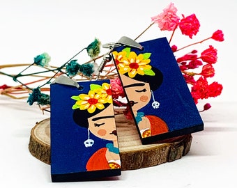 Frida Earrings Hand Painted Wooden Frida Earrings Women Mexican Inspired Frida Jewelry Wearable Art Frida Fans Birthday Gift Frida Aretes