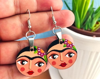 Adorable Frida Inspired Earrings Round Circle Mexican Jewelry HandPainted Wearable Art Mexico Iconic Artist Bohemian Fashion Girls Gift Idea