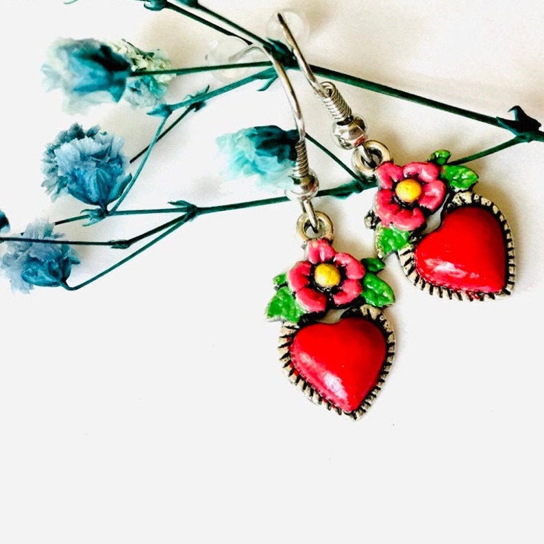 Frida Earrings, Heart Earrings, Hand Painted Heart Earrings, Silver HandPainted Heart Earrings, Mexican Jewelry, Corazon Aretes, Heart Charm image 6