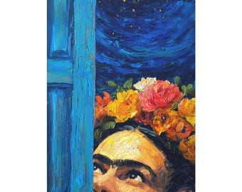 Frida-geïnspireerde bloemenhemel nachtzicht matte canvaskunst levendige kleuren prachtige details Mexicaanse kunstenaar geweldig origineel housewarming cadeau-idee