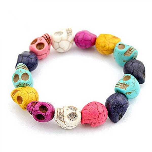 Skull Beads Bracelet, Colorful Elastic Gem Natural Stone, Women Skull Beads Bracelet, Punk, Brazalete Calaveras para Mujer, Day of the Dead