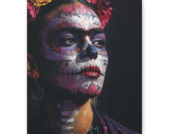 Op Frida geïnspireerde dag van de doden canvas uitgerekt gewaagd kleurrijk schedelportret woondecoratie op Mexicaanse volkskunst geïnspireerde kunstwerken ingewikkelde details