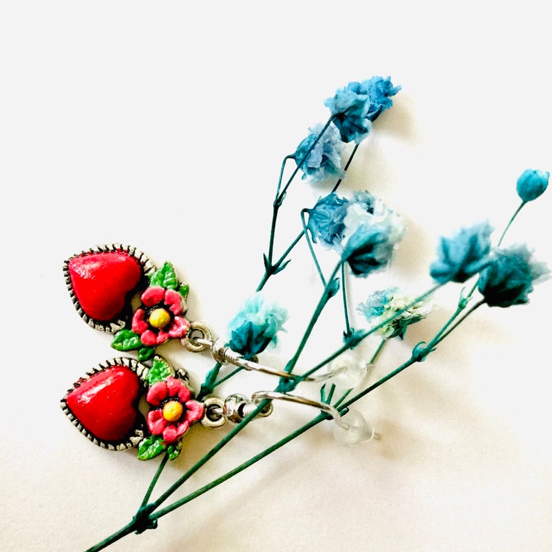 Frida Earrings, Heart Earrings, Hand Painted Heart Earrings, Silver HandPainted Heart Earrings, Mexican Jewelry, Corazon Aretes, Heart Charm image 7