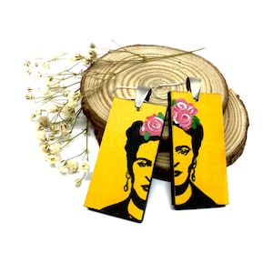 Frida Earrings Yellow Frida Earrings Artisan Designed HandPainted Wooden Frida Inspired Earrings Wearable Art Mexican Jewelry FridaFans Gift